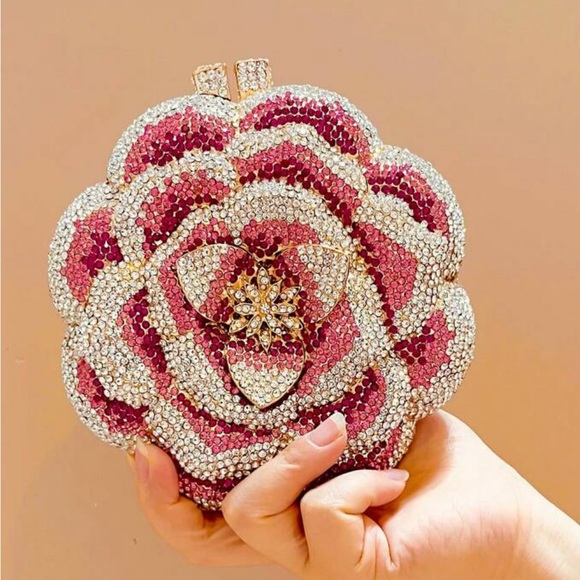 Pink Floral Rhinestone Evening Clutch Bag - Picture 1 of 5